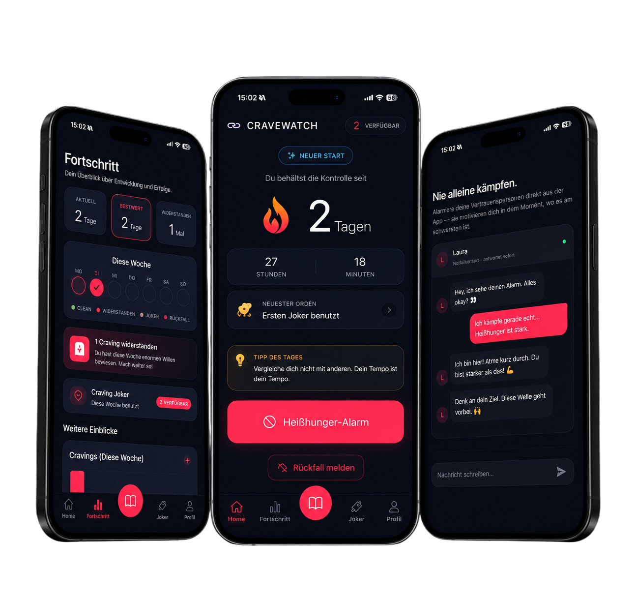 Cravewatch App auf drei iPhones – Fortschritt, Notfall-Modus und Notfall-Chat